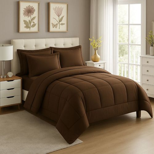EDREDON NUBE HOGAR KING DAILY SET CUADROS ALGODON + FUNDAS DE ALMOHADA MARRON