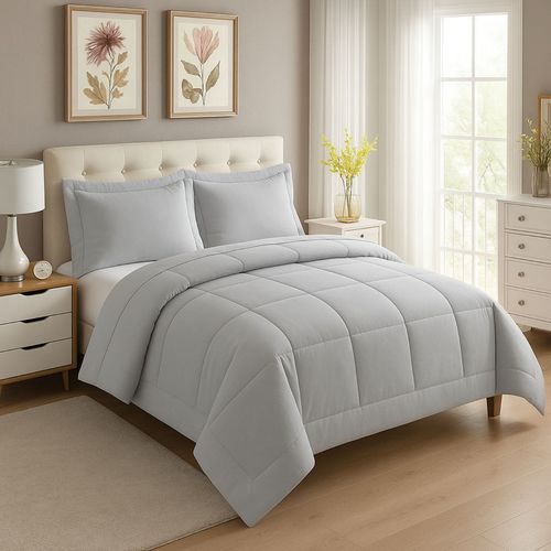 EDREDON NUBE HOGAR QUEEN DAILY SET CUADROS ALGODON + FUNDAS DE ALMOHADA GRIS CLARO