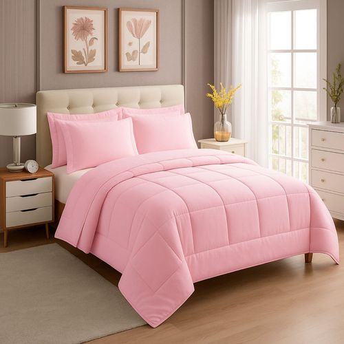 EDREDON NUBE HOGAR QUEEN DAILY SET CUADROS ALGODON + FUNDAS DE ALMOHADA ROSADO