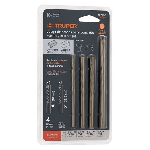 Juego de Brocas para Concreto 4 Piezas Truper 102706