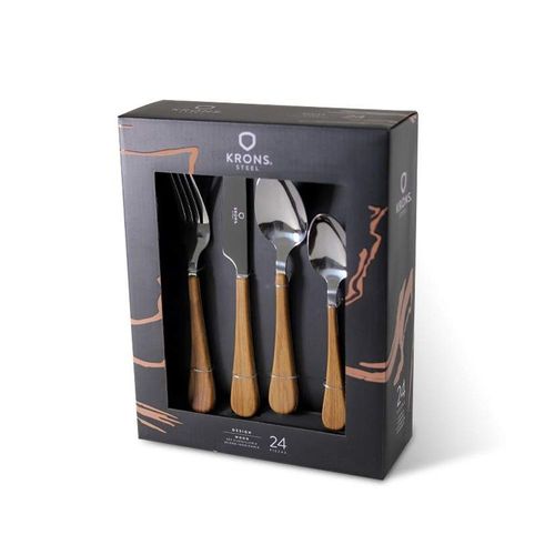Set Cubiertos Krons Wood 24 Piezas – Modelo Rústico en Acero Inoxidable (JYA)