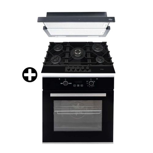 COMBO Encimera Signature 5 hornillas 90cm + Campana Extraíble Urban 90 Negro + Horno empotrable Gas Glp Black 56 litros FDV