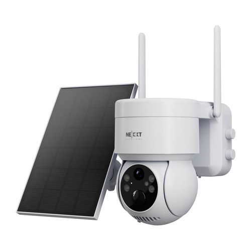 Cámara de seguridad Nexxt PTZ 2K QHD, visión nocturna, detección humana, recargable, panel solar, Wi-Fi, compatible Alexa y Google Home, blanco