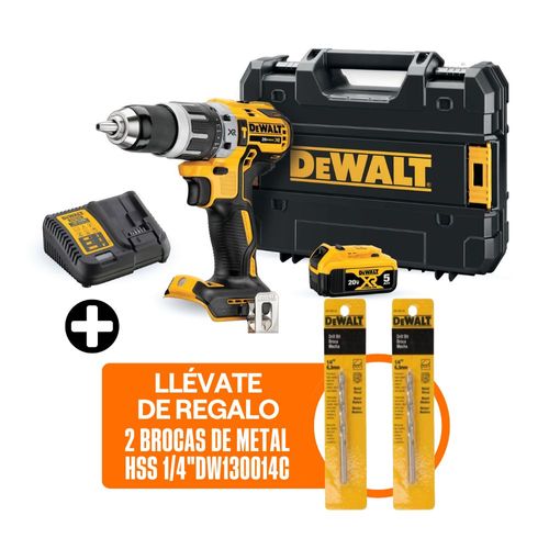 Taladro Percutor Inalámbrico Dewalt 1/2" 20V XR + Bateria 5ah 20V + Cargador + 02 Brocas de Metal