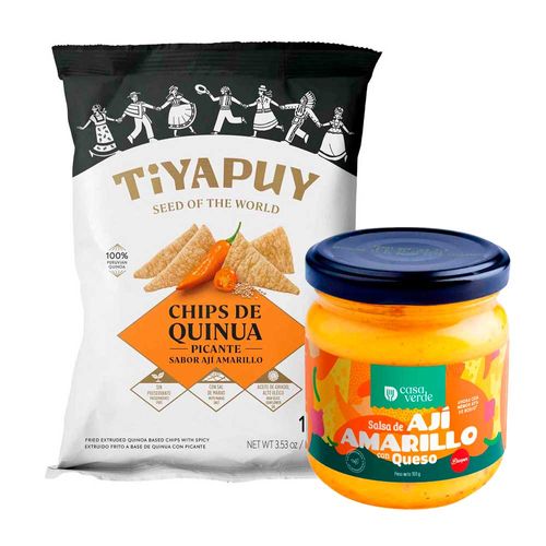 Pack Chips de Quinua Picante TIYAPUY Bolsa 100g + Dip Ají Amarillo CASA VERDE Frasco 190g
