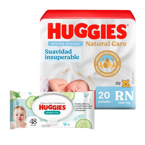 Pack Pañales para Bebé HUGGIES Natural Care Primeros 100 Días Paquete 20un + Toallitas Húmedas para Bebé HUGGIES One & Done Paquete 48un