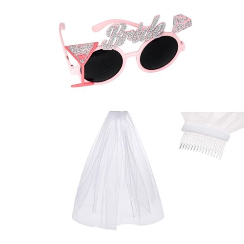 Set novia despedida de soltera lentes rosados y velo blanco