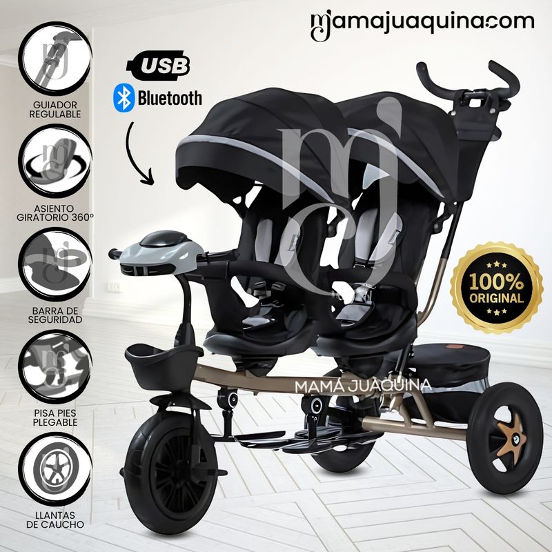 Triciclo-Doble-Asiento-«TWIN-RACE»-USB-Negro