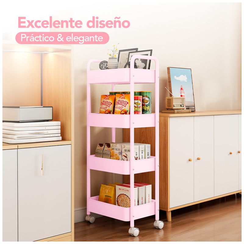 Carrito-Organizador-4-Niveles-con-Ruedas-Multiusos-para-Baño-Cocina-Rosado-JY8