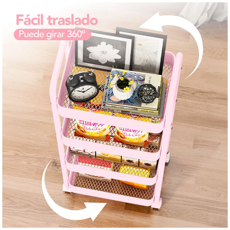 Carrito-Organizador-4-Niveles-con-Ruedas-Multiusos-para-Baño-Cocina-Rosado-JY8