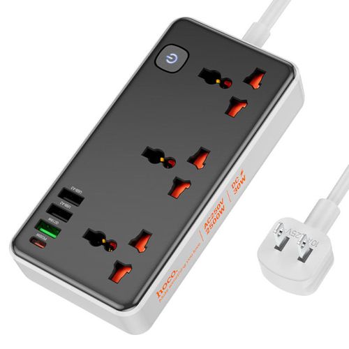 SUPRESOR DE PICOS EXTENSION AC8 HOCO 3 TOMAS UNIVERSALES 3 USB-A Y 1 USB-C BLACK