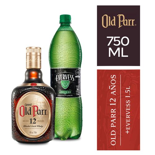 Pack Whisky OLD PARR 12 Años Botella 750ml + Ginger Ale EVERVESS Botella 1.5L