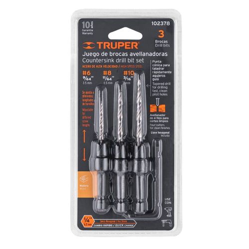 Juego de Brocas Avellanadoras HSS 1/4" Hex para Madera 3 Piezas Truper 102378