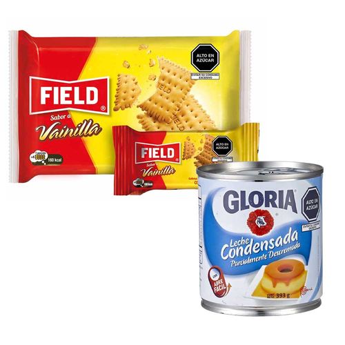 Pack Leche Condensada GLORIA Lata 393g + Galletas FIELD Vainilla Paquete 6un