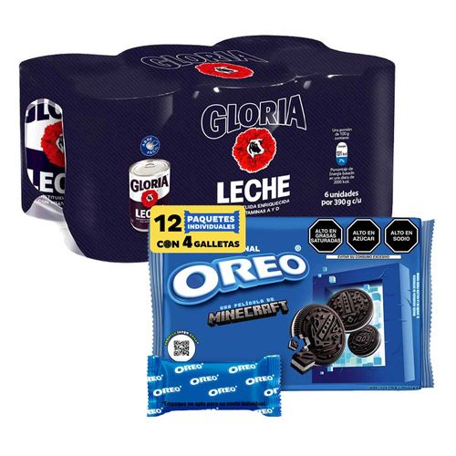 Pack Galletas OREO sabor Original Paquete 12un + Leche Reconstituida Entera GLORIA Lata 390g Paquete 6un