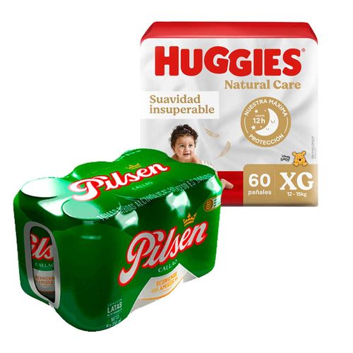 Pack Pañales para Bebé HUGGIES Natural Care Talla XG Paquete 60un + Cerveza PILSEN 6 Pack Lata 355ml