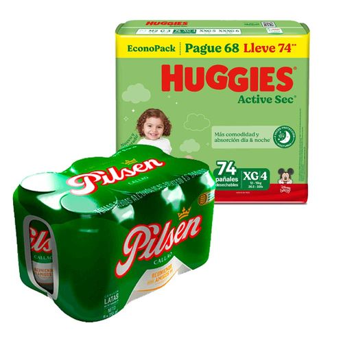 Pack Pañales para Bebé HUGGIES Active Sec XG Paquete 74un + Cerveza PILSEN 6 Pack Lata 355ml