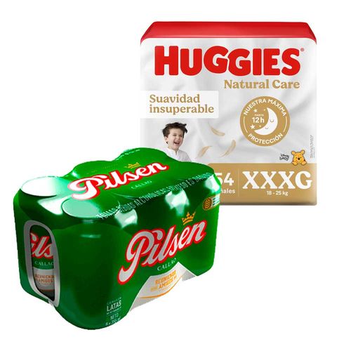 Pack Pañales para Bebé HUGGIES Natural Care XXXG Paquete 54un + Cerveza PILSEN 6 Pack Lata 355ml
