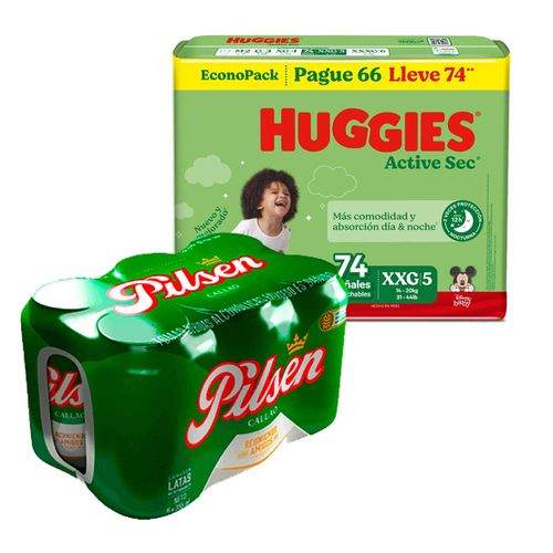 Pack Pañales para Bebé HUGGIES Active Sec XXG Paquete 74un + Cerveza PILSEN 6 Pack Lata 355ml