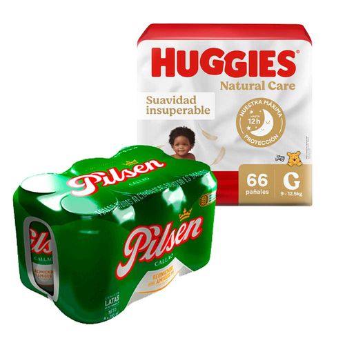 Pack Cerveza PILSEN 6 Pack Lata 355ml + Pañales para Bebé HUGGIES Natural Care Talla G Paquete 66un