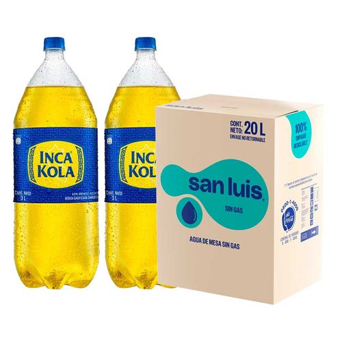 Pack Gaseosa INCA KOLA Original Paquete 2un Botella 3L + Agua SAN LUIS sin Gas Caja 20L