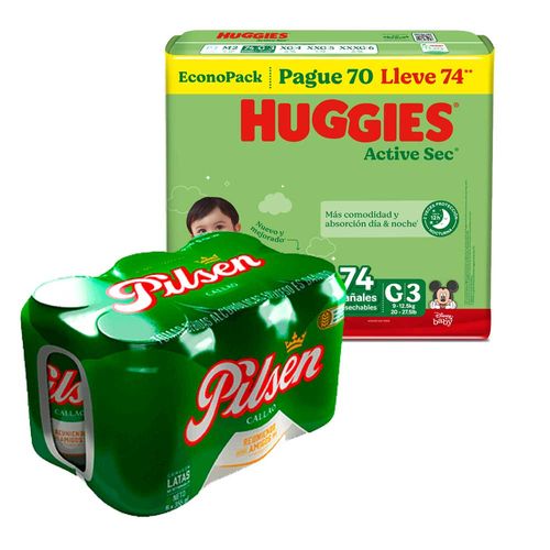 Pack Cerveza PILSEN 6 Pack Lata 355ml + Pañal HUGGIES Active Sec Paquete 74un