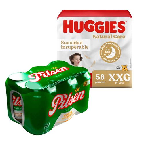 Pack Cerveza PILSEN 6 Pack Lata 355ml + Pañales para Bebé HUGGIES Natural Care Talla XXG Paquete 58un