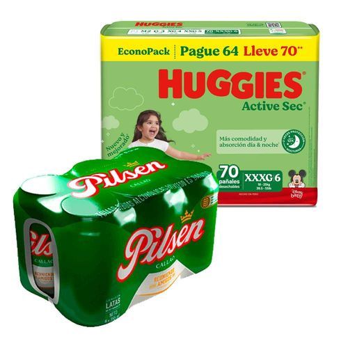 Pack Pañales para Bebé HUGGIES Active Sec XXXG Paquete 70un + Cerveza PILSEN 6 Pack Lata 355ml