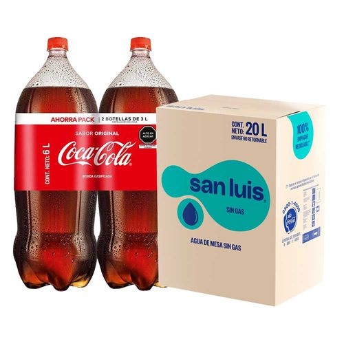 Pack Gaseosa COCA COLA Sabor Original Botella 3L Two Pack + Agua SAN LUIS sin Gas Caja 20L
