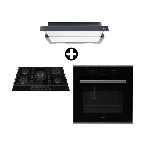 COMBO FDV: Cocina Encimera Empotrable Signature 5 hornillas 90cm + Horno Empotrable Glp Vidrio Templado Black 70L + Campana Extraíble Urban 90 Negro