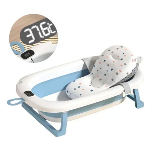Bañera de Bebe Plegable+Termómetro Cojin Antidesliz Azul