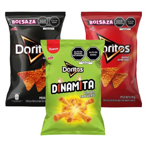 Pack Tortillas de Maíz DORITOS Queso Fuego + Tortillas de Queso Dinamita + Tortillas de Maíz Queso Atrevido Bolsa 90g