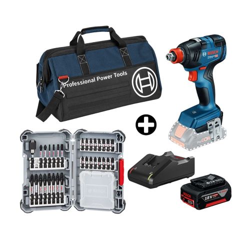 COMBO Bosch: Llave de Impacto Inalámbrica 18V GDX 18V-200 + Batería Gba 18V 4.0 Ah + Cargador Gal 18V-40 + Set de Puntas 31 Piezas + Maletín