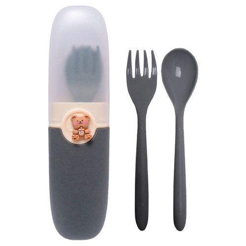 Juego de Cubiertos para Niños + Estuche con Tapa Porta Cubiertos Gris 01C
