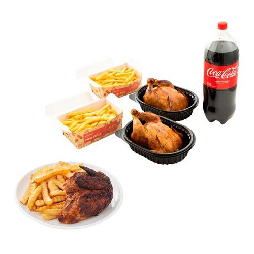 Pack Combo 2 Pollos Rostizados + 2 Papas + Gaseosa 3L + 1/4 Pollo Rostizado + Papas Fritas