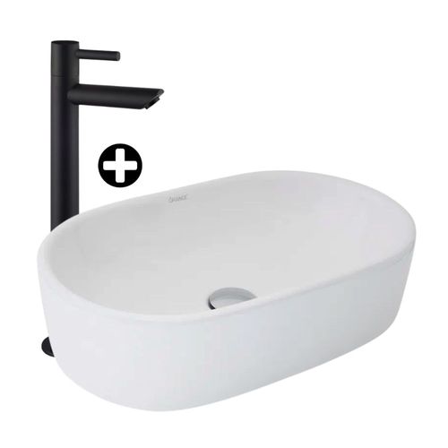 COMBO Baño Orange: Ovalin Circular Mesina para Sobreponer 52cm Blanco + Llave de Lavatorio Alta Cannes Negro Mate
