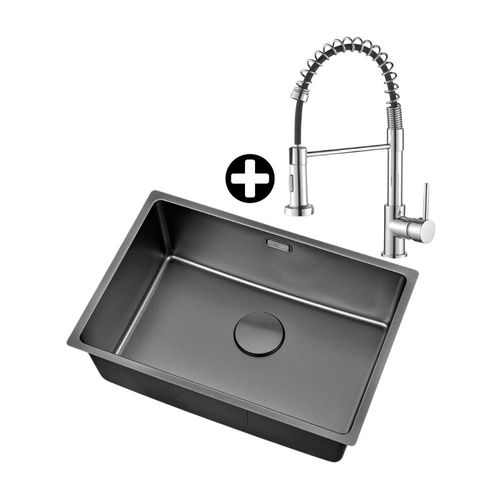 COMBO Baño: Lavadero 1 poza 64x44cm Embossed Pvd Black Orange + Mezcladora Monocomando para Lavadero Italgrif Punta Cana con Pico Resorte Cromado