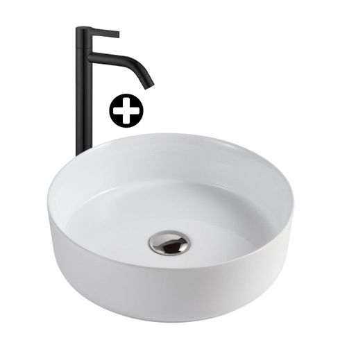 COMBO Baño Orange: Ovalín Nápoles 36x36x11.4cm Blanco + Llave de Lavatorio Alta Neo Negro Mate
