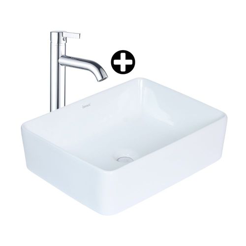 COMBO Baño Orange: Ovalin Rectangular Treviso para Sobreponer 48cm Blanco + Mezcladora para Lavatorio Monocomando Alta Neo Cromado