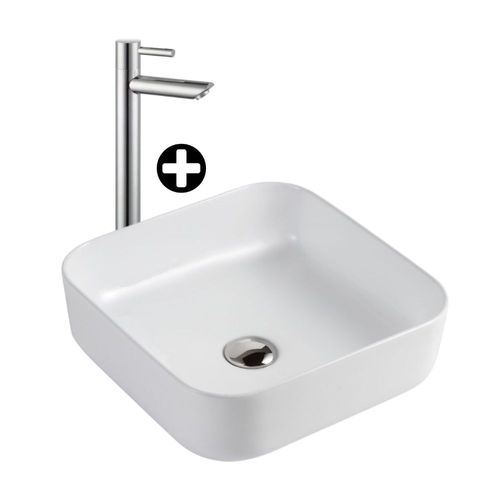 COMBO Baño Orange: Ovalín Ginebra 39x39x14cm Blanco + Llave de Lavatorio Alta Cannes Cromado