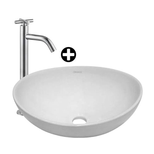 COMBO Baño Orange: Ovalin Circular Asti para Sobreponer 41cm Blanco + Llave de Lavatorio Alta Canvas Cromado
