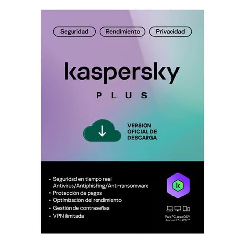 Antivirus Kaspersky Plus licencia digital, 5 dispositivos, 1 año, código online, protección Windows/macOS/Android/iOS
