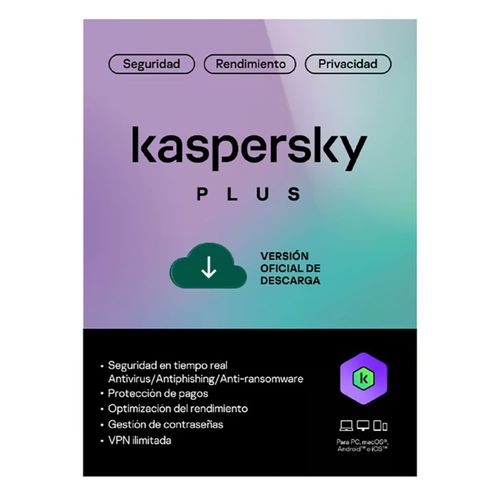 Antivirus Kaspersky Plus licencia digital, 1 dispositivo, 1 año, código online, protección Windows/macOS/Android/iOS