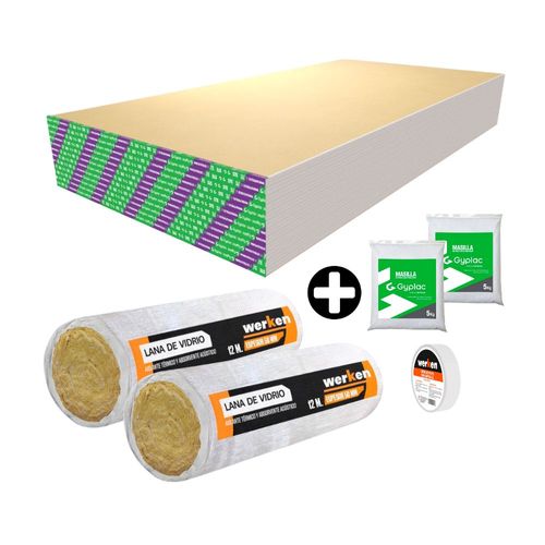 COMBO: 12 Placa de yeso 1.22mx2.44m + 2 Masilla para Drywall Gyplac 5 kg + Cinta de papel para drywall 5cmx90m + 2 Lana de vidrio 50mm 1.20x12m Werken