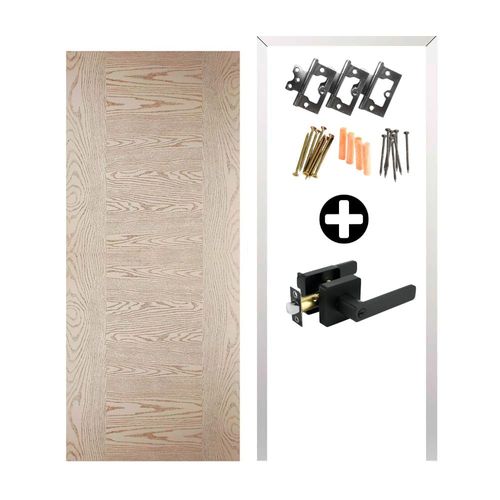 COMBO Werken: Puerta HDF + Marco + 3 Bisagras + Kit de Instalación 70x207cm + Manija para Dormitorio Black Mate