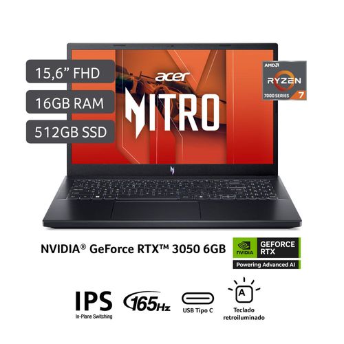 Laptop Acer ANV15-41-R6ZZ AMD Ryzen™ 7 7735HS 16GB RAM 512GB 15.6" Obsidian black