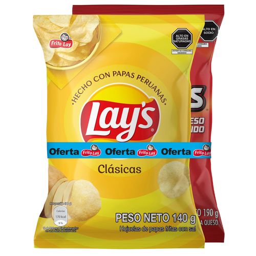 Pack Papas LAYS Bolsa 140g + Tortillas de Queso DORITOS Bolsa 190g