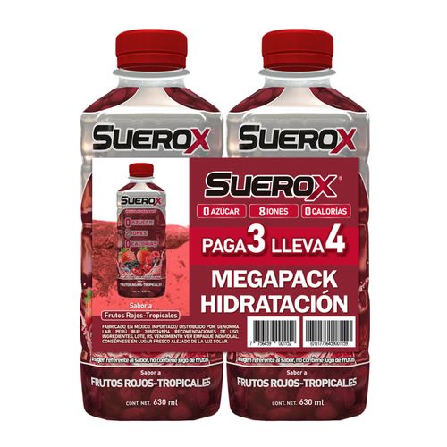 Pack de Bebida Rehidratante SUEROX Frutos Rojos Tropicales Botella 630ml Paquete 4un
