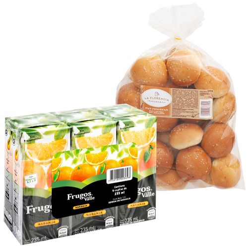 Pack Bebida de Naranja FRUGOS Caja 235ml Paquete 6un + Petipan LA FLORENCIA Bolsa 550g