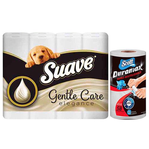 Pack SUAVE Papel Higiénico Gentle Care Elegance Paquete 32un + Paño SCOTT Duramax Paquete Unidad